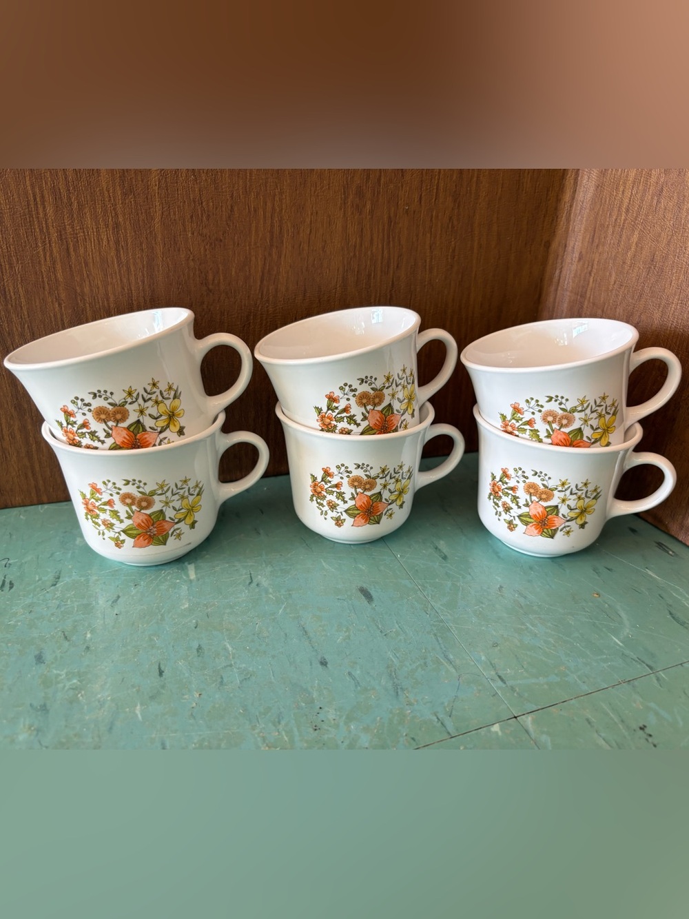 6 Corning ware mugs Indian summer orange floral vintage Corningware